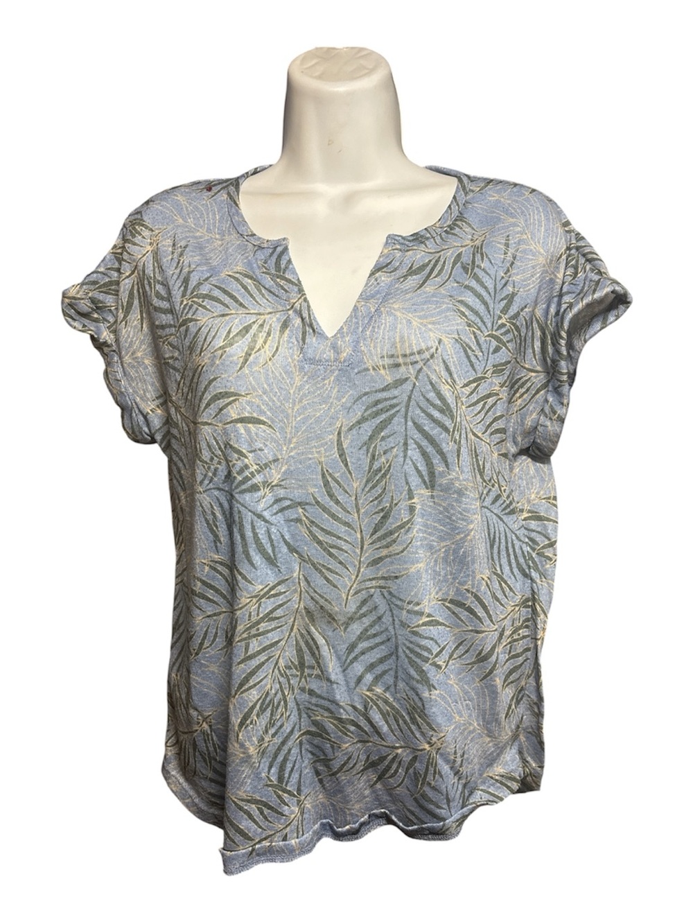 Kate Park Women's Blue Tropical Palm Leaf Print V-Neck Short Sleeve Top Size S